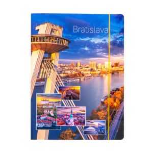Odkladacia mapa ŠEVT „Bratislava – koláž 1“, s 2 chlopňami a gumičkou, kartón, A4