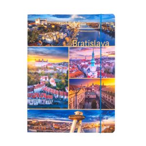 Odkladacia mapa ŠEVT „Bratislava – koláž 2“, s 2 chlopňami a gumičkou, kartón, A4