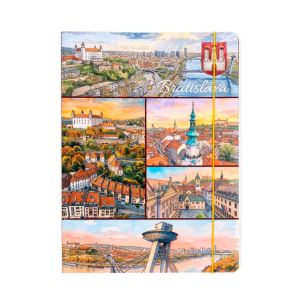 Odkladacia mapa ŠEVT „Bratislava – koláž 3“, s 2 chlopňami a gumičkou, kartón, A4